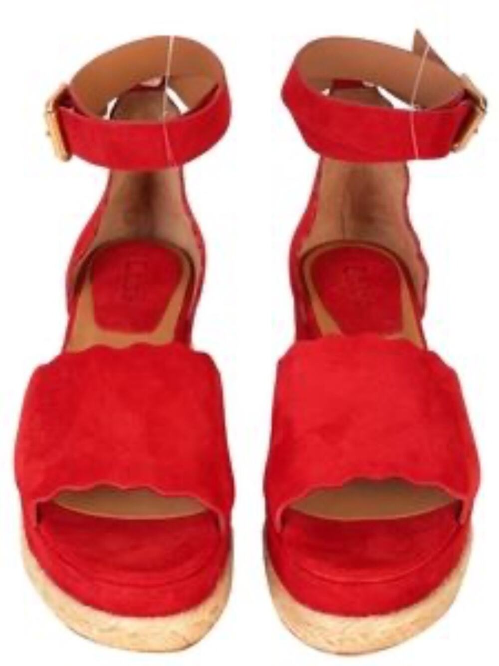 Chloe Lauren Red Suede Scalloped Espadrille Wedge Sandals Size 37